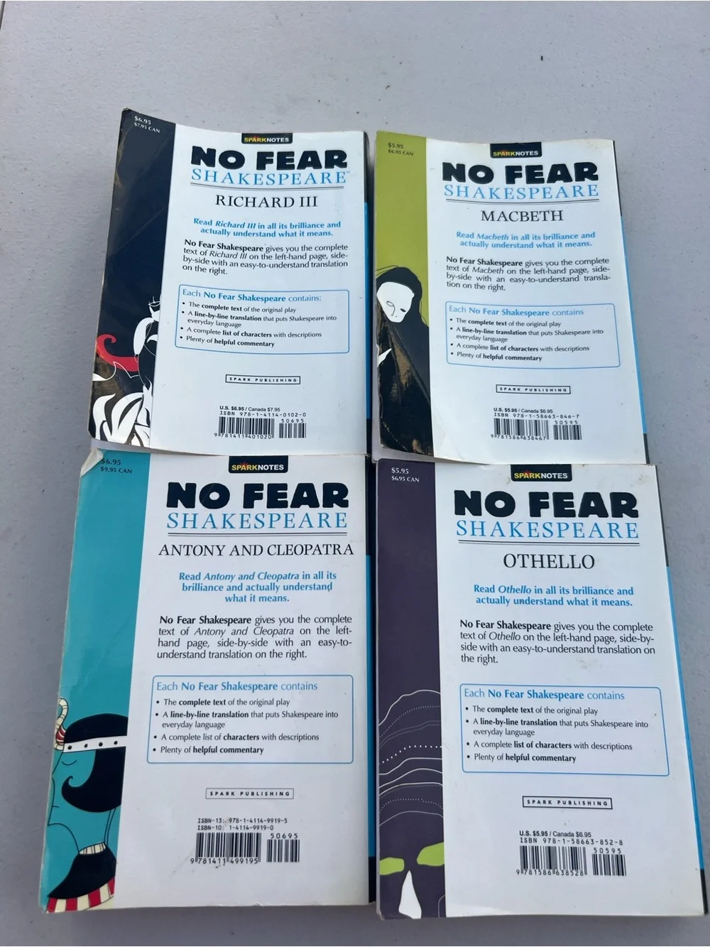 No Fear Shakespeare Lot of 4 Books Richard III Macbeth Othello Antony Cleopatra